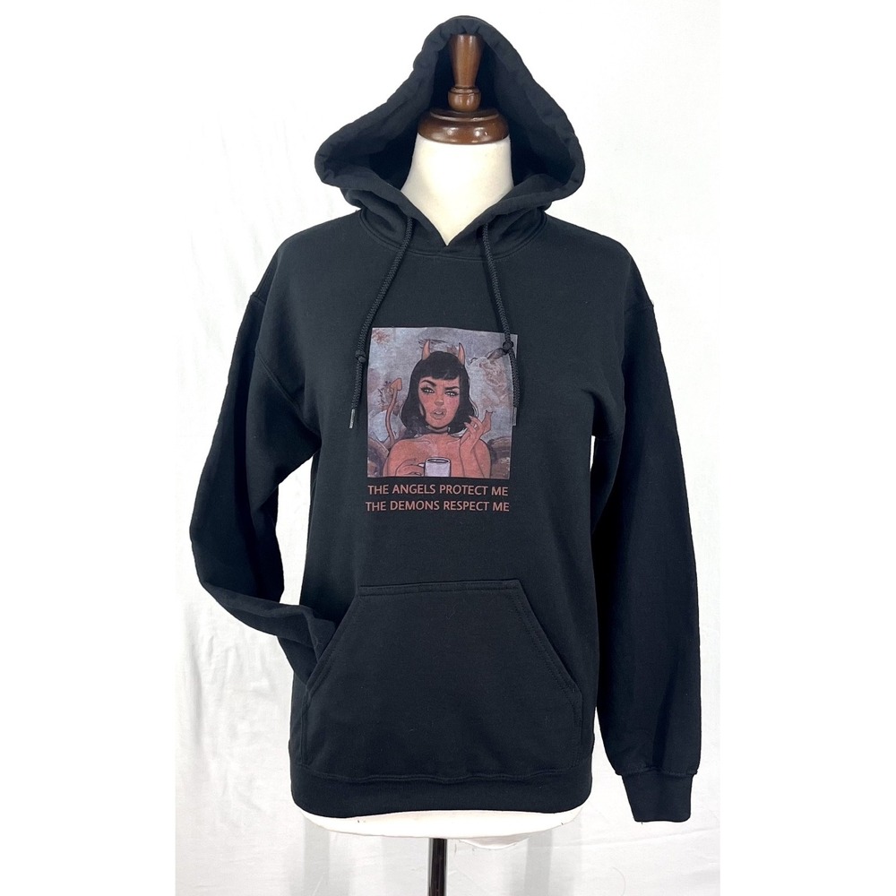 EUC Gildan Heavy Blend Women Black Graphic Hoodie Angels Demons Devil Girl Sz S